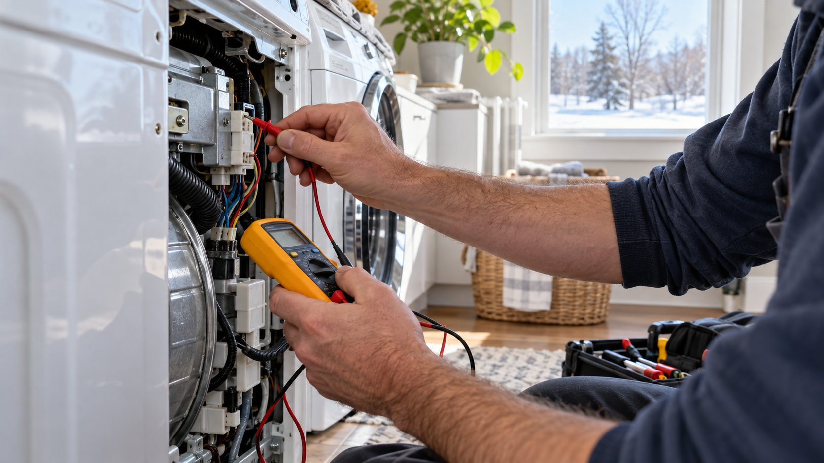 Technician testing a washing machine during a repair